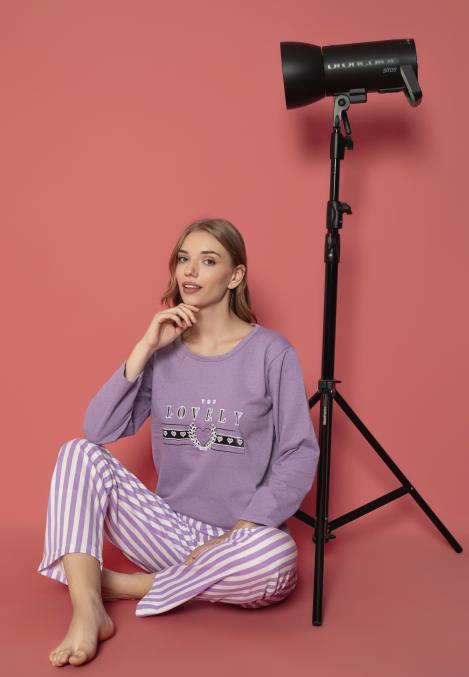 Pijama damă vătuită cu mânecă lungă și pantaloni lungi din bumbac, imprimeu Lovely, Engros